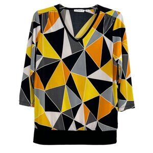 Susan Graver Pullover Top Orange Black Print Size XS 3/4 Sleeve V Neck Band Wais